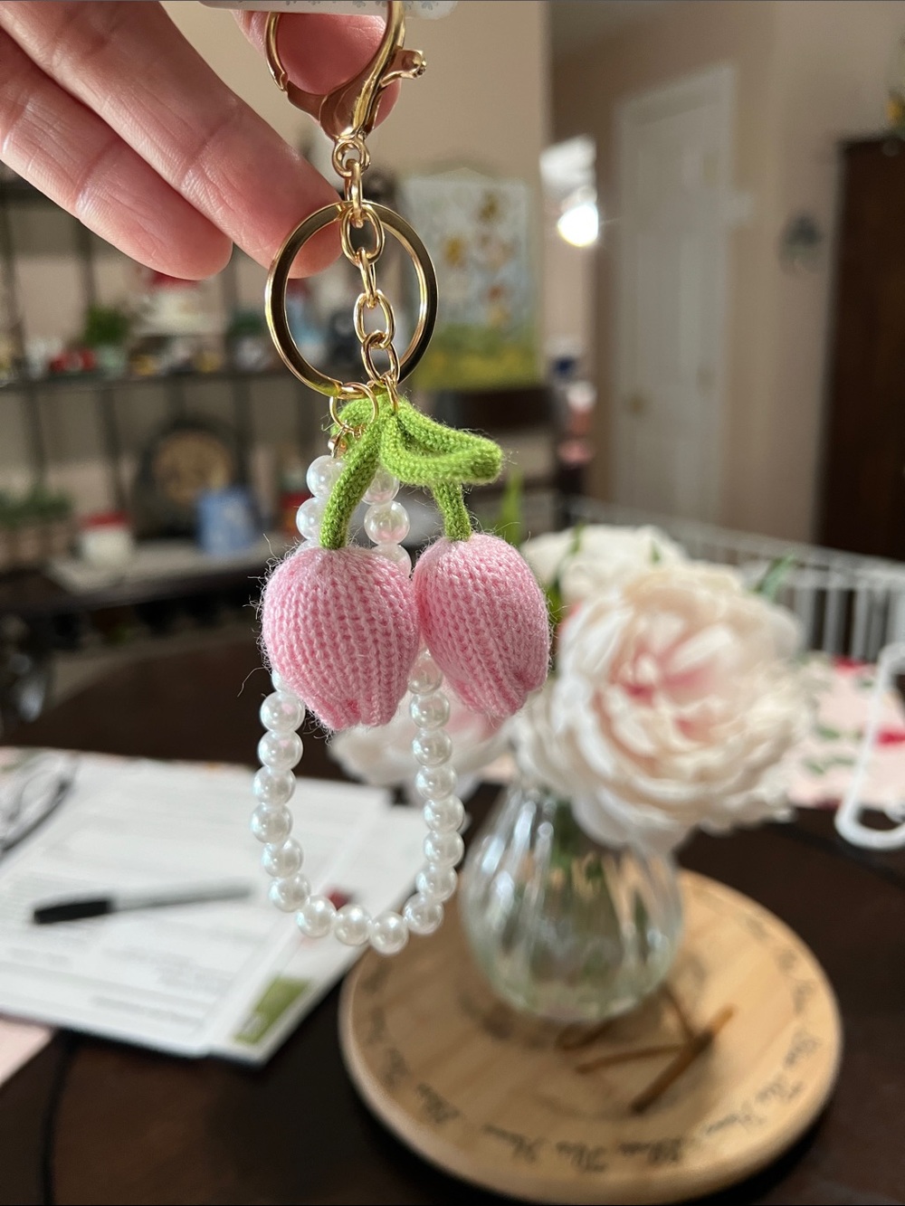 New princess Pink Knit Tulips  Keychain with Pearl Bracelet
